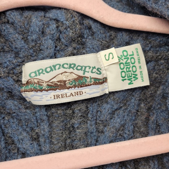 Aran Crafts Womens Blue Cable Knit Merino Wool Cardigan Sweater Size S SHRUNK - Picture 5 of 13